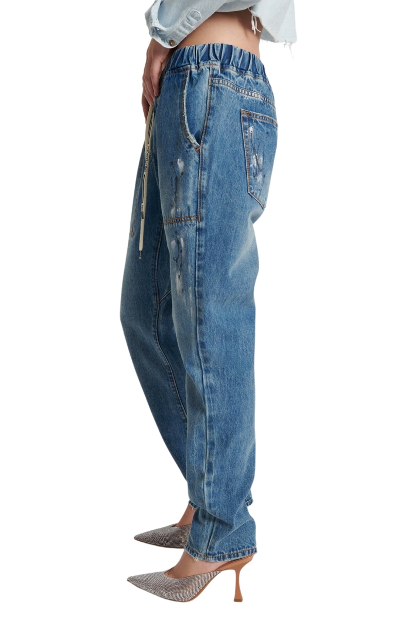 BLUE SPACE SHABBIES DRAWSTRING BOYFRIEND JEANS